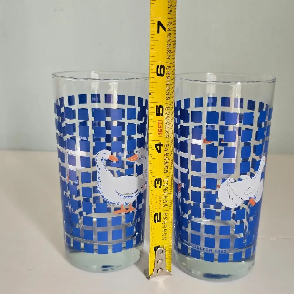 Vintage 80s Carlton White Geese Drinking Glassed Country Blue Checker Farmhouse